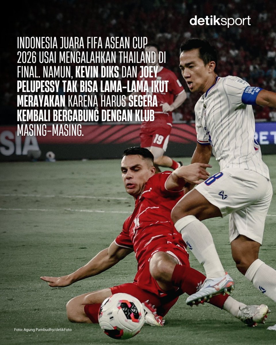 detiksport's tweet photo. Joey Pelupessy mengungkap cerita 'miris' usai membawa Indonesia menjuarai FIFA ASEAN Cup 2026 dengan mengalahkan Thailand 🏆🇮🇩

Gelandang 33 tahun itu tak bisa lama-lama merayakan gelar karena harus langsung ke bandara mengejar pesawat! 🥲

Juara dulu, kejar pesawat kemudian! 🛫

#TimnasIndonesia #JoeyPelupessy #detiksport