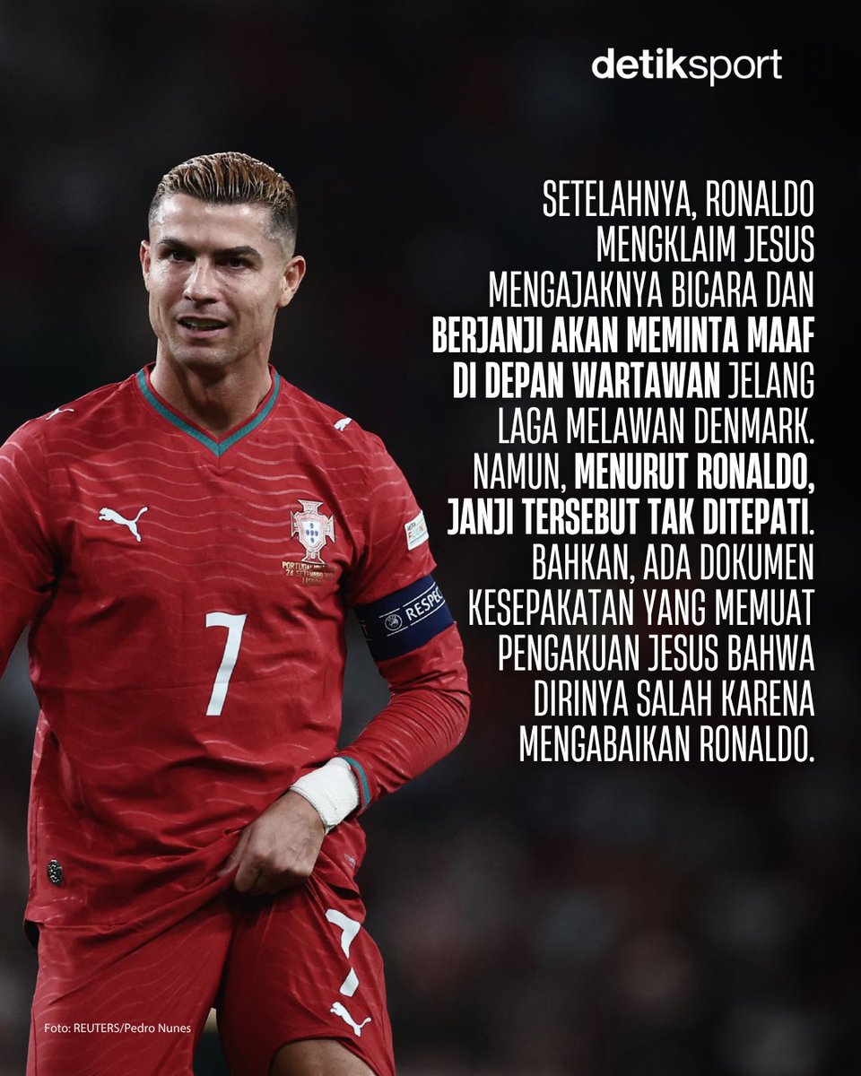 detiksport's tweet photo. Cristiano Ronaldo akhirnya buka suara soal polemiknya di Portugal yang melibatkan Jorge Jesus 😳🇵🇹

Dalam pengakuannya yang dimuat surat kabar A Bola, CR7 merasa dibohongi Jorge Jesus hingga dua kali! 😱

Pendapat kalian, detikers? 👀

#CristianoRonaldo #detiksport https://t.co/RQxaGl2pxU