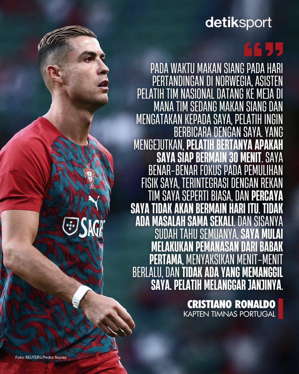 detiksport's tweet photo. Cristiano Ronaldo akhirnya buka suara soal polemiknya di Portugal yang melibatkan Jorge Jesus 😳🇵🇹

Dalam pengakuannya yang dimuat surat kabar A Bola, CR7 merasa dibohongi Jorge Jesus hingga dua kali! 😱

Pendapat kalian, detikers? 👀

#CristianoRonaldo #detiksport https://t.co/RQxaGl2pxU