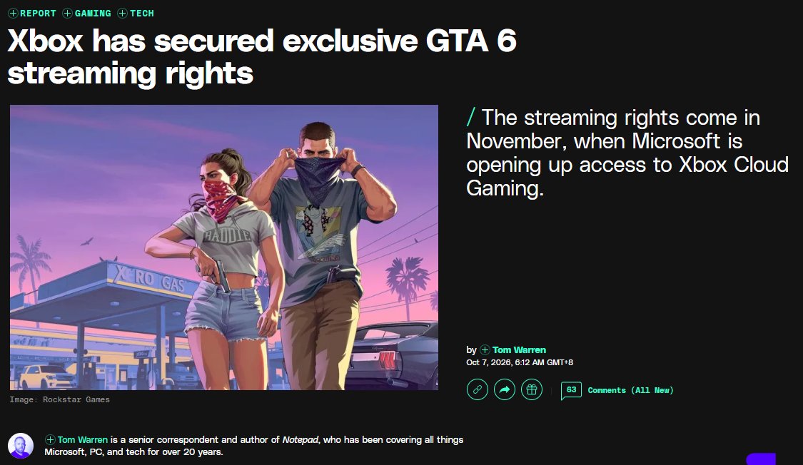 iGrandTheftAuto's tweet photo. XBOX's Matthew Ball has responded to The Verge's report on #GTAVI streaming rights:

"We are looking forward to launching GTAVI on XBOX November 19, though the game will not be streaming exclusively or to PC."

This appears to directly dispute the report, which claimed only Xbox Cloud Gaming could stream GTA 6 at launch. 

It also seems to suggest GTA 6 won't be streamable to PC through XBOX Cloud Gaming, though the wording isn't fully clear.

Rockstar has not commented and still hasn't announced a PC version.