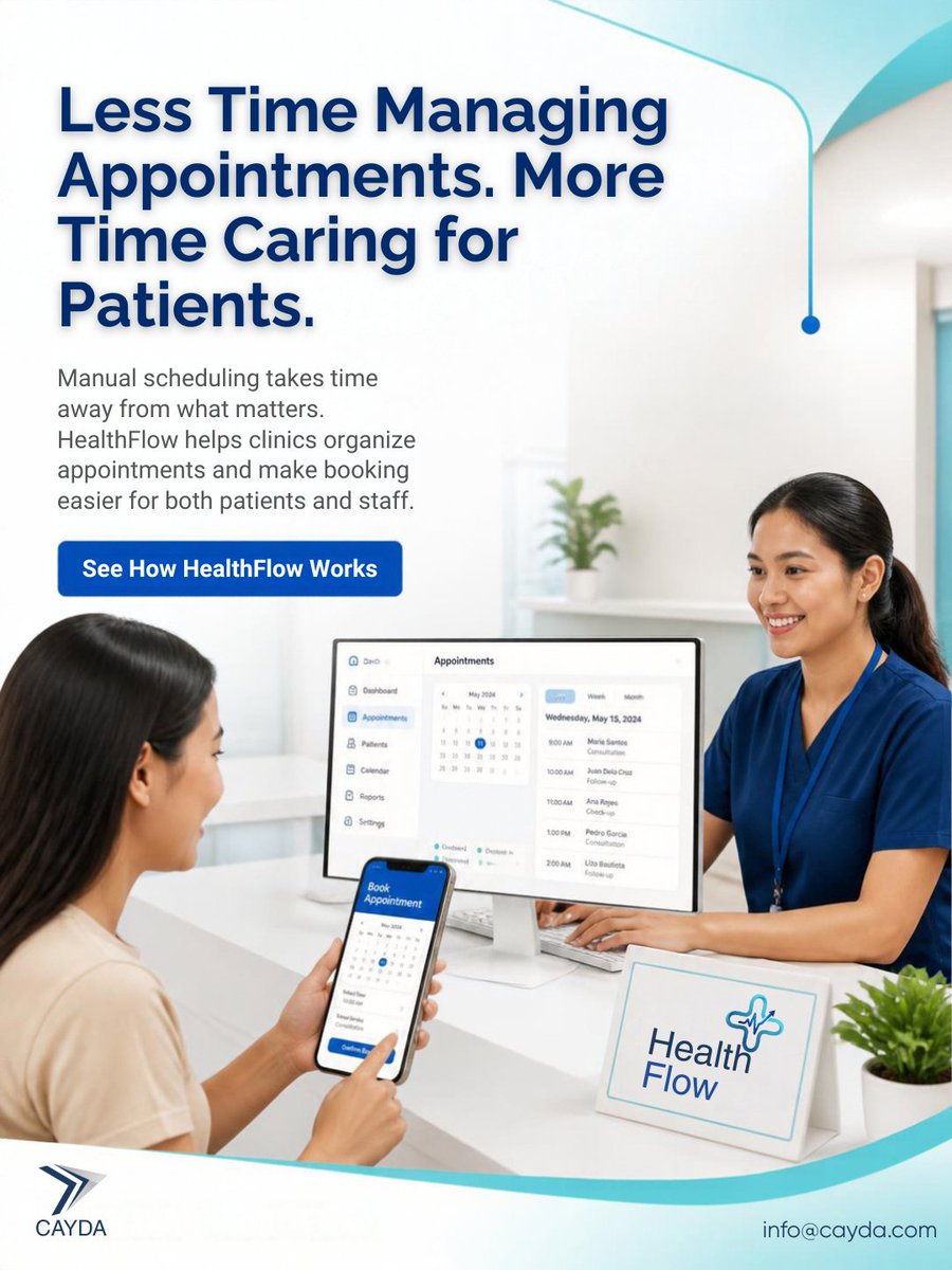 CAYDA_CS's tweet photo. HealthFlow helps clinics organize appointments and simplify the booking process for both staff and patients.

Because when scheduling becomes easier, your team has more time to focus on patients. 

HealthFlow. More organized. More time for care.

#CAYDAHealthFlow #CAYDA https://t.co/vayl6BGYnK
