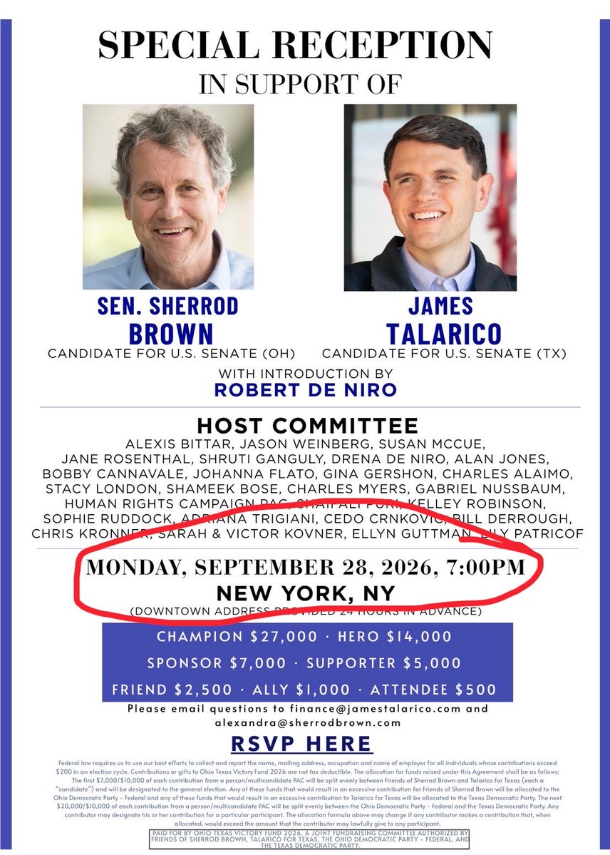 ZannSuz's tweet photo. Guess somebody forgot to check the calendar when they set up the flu ruse.
According to the Dallas Morning News, Talarico’s own campaign says he was diagnosed at a Dallas urgent care the night of September 28, too contagious to face Texans.
Small problem. He had two back to back New York fundraisers on his own invitations. Monday, September 28, 7:00 pm, downtown Manhattan, with Robert De Niro. Tuesday, September 29, 5:30 pm, Greenwich Village.
Texas Scorecard asked the campaign about that second fundraiser. No answer. The Daily Wire asked about the canceled Texas events. No answer. Nobody has explained how he was in a Dallas urgent care the same night he was at a Manhattan reception.
Pick a lie, James. Why are you hiding?
