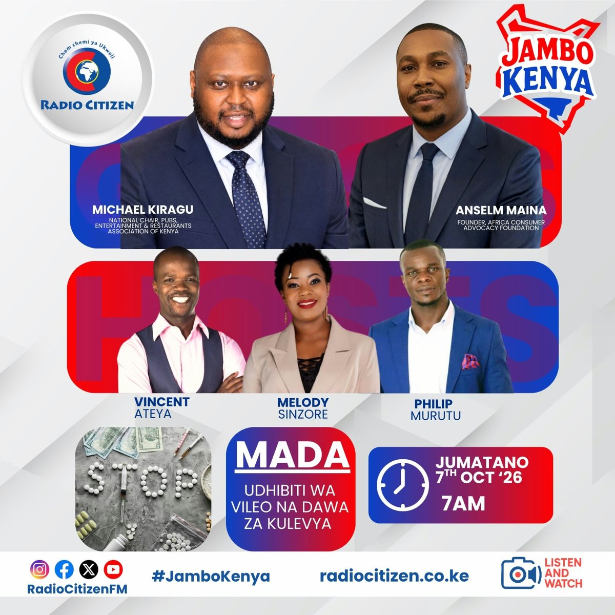 RadioCitizenFM's tweet photo. Udhibiti wa vileo na dawa za kulevya. Ndio mjadala wa #JamboKenya hii leo. 

Ni vipi tunaweza kudhibiti utumiaji wa vileo na dawa za kulevya humu nchini? 
Pata mazungumzo haya kwa kina kutoka kwa wataalamu wetu. 
#JamboKenya na @Murutuphilip  na @VincentAteya  
#RadioNumberOne https://t.co/GThxppGfB1