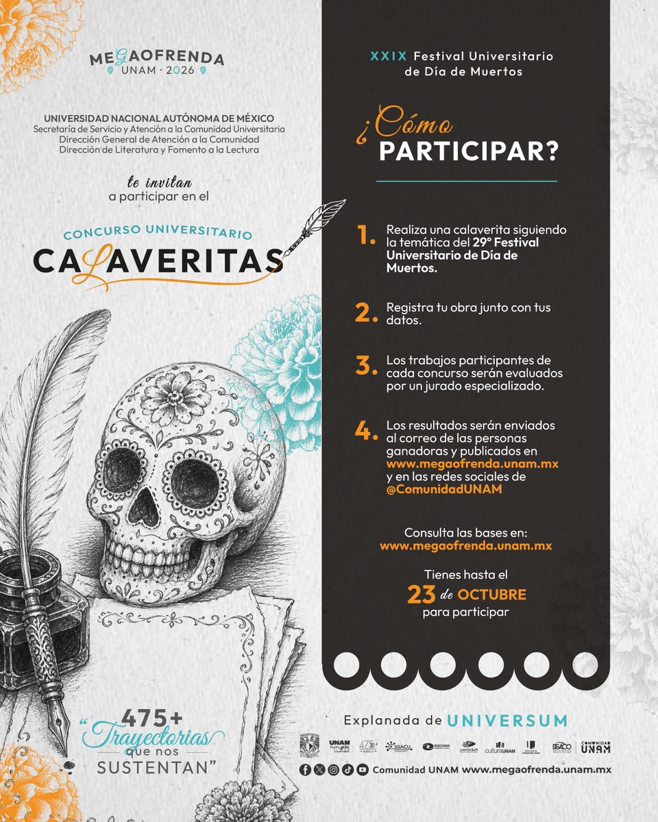 Comunidad_UNAM's tweet photo. ¡Participa en el Concurso Universitario de Calaveritas!
📅 Tienes hasta el 23 de octubre para participar.
🔗 Consulta las bases: https://t.co/qccpXKSmKf
#Megaofrenda2026 #ComunidadUNAM #Calaveritas
@CulturaUNAM @UniversumMuseo @dgoaeunam @UNAMFAD https://t.co/2eTUMOZVqs