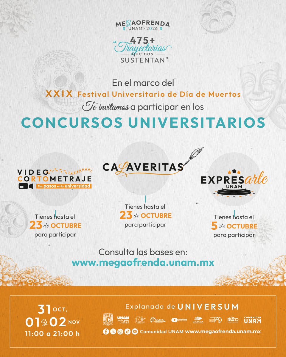 Comunidad_UNAM's tweet photo. ¡Participa en el Concurso Universitario de Calaveritas!
📅 Tienes hasta el 23 de octubre para participar.
🔗 Consulta las bases: https://t.co/qccpXKSmKf
#Megaofrenda2026 #ComunidadUNAM #Calaveritas
@CulturaUNAM @UniversumMuseo @dgoaeunam @UNAMFAD https://t.co/2eTUMOZVqs