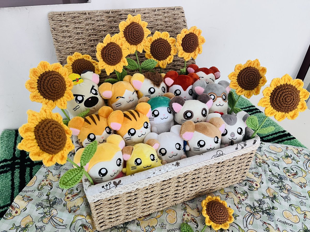 voltaircannon's tweet photo. This year I randomly decided to collect the complete Hamtaro family plush set. Amazingly, they arrived when autumn came. I got a bamboo basket for their home and added ten woven sunflowers. Hamtaro is so perfect for autumn!
#Hamtaro https://t.co/XpUfRhVi0u
