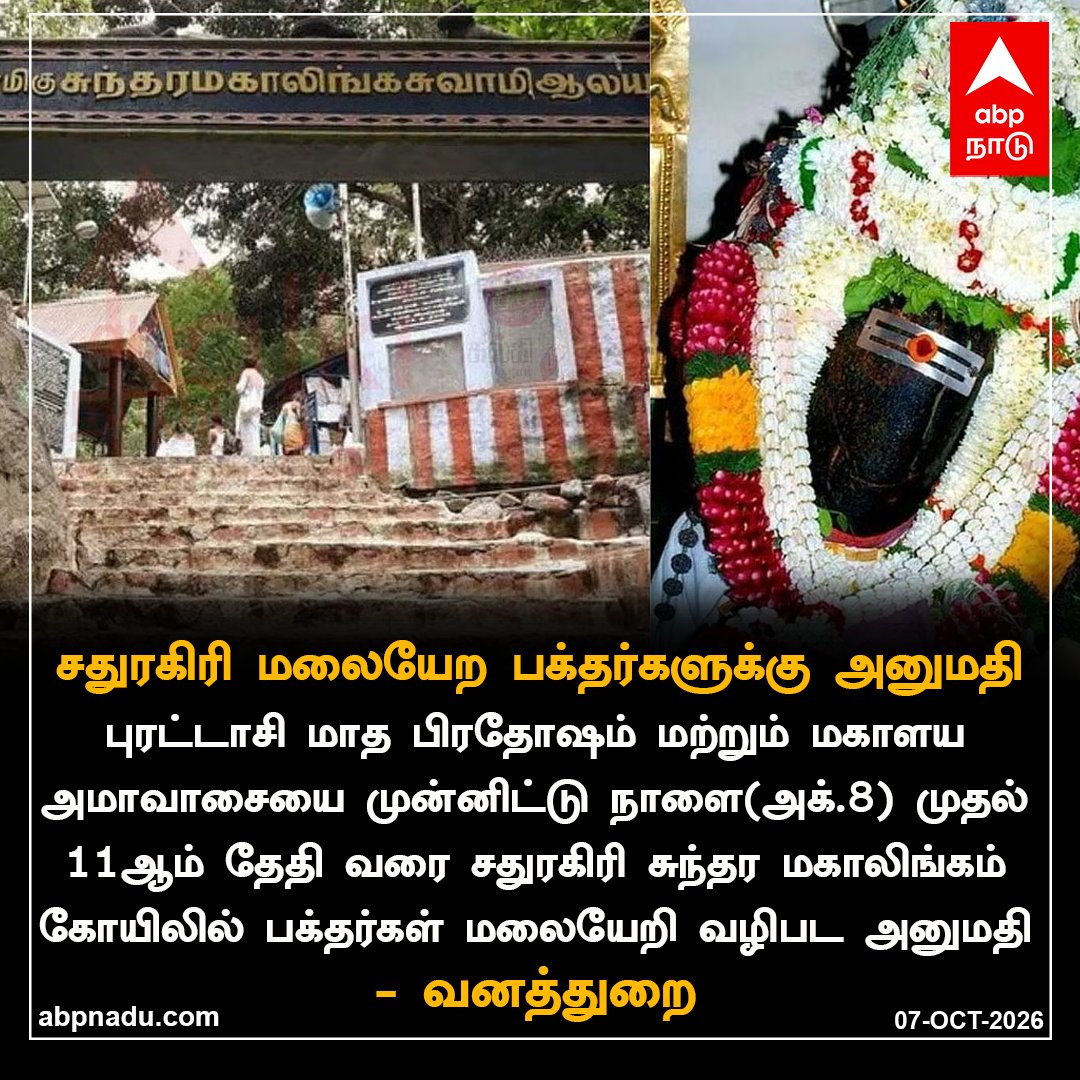 abpnadu's tweet photo. சதுரகிரி மலையேற பக்தர்களுக்கு அனுமதி
https://t.co/LRXU10pMDY| #Sathuragiri #Temple #Allowed #tnnews #abpnadu https://t.co/q2kBJZ850O