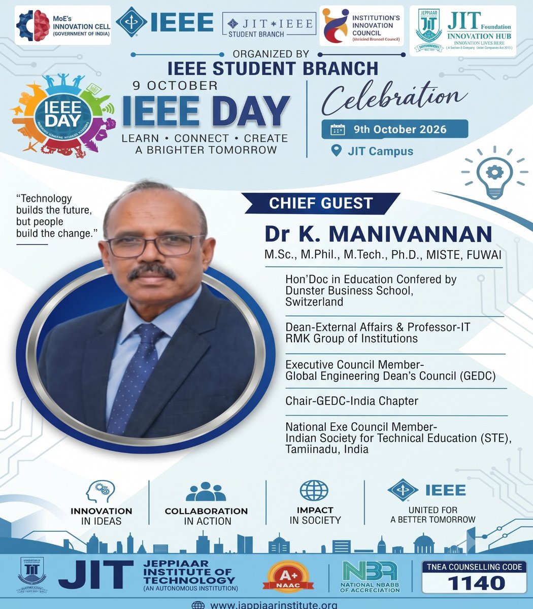 JeppiaarIT's tweet photo. IEEE DAY 2026 – INVITATION FOR STUDENTS
Date: 9 October 2026
Venue: JIT Campus
Organized by: IEEE Student Branch
📝 IEEE Membership Joining Interest Registration:
🔗 https://t.co/HkI5Te32n3
Learn • Connect • Create • Grow with IEEE
#IEEE #events #ECE #education https://t.co/HHzh0MsWlW