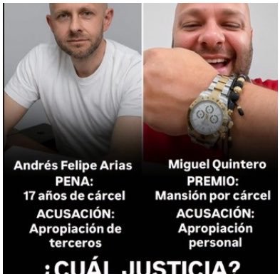waldoalarconho1's tweet photo. La doble moral de la "justicia" en Colombia: Andrés Felipe Arias paga 17 años de cárcel por un programa de subsidios donde ni se robó un peso. Mientras tanto, al hermano de Quintero le dan casa por cárcel en una finca tras robarse millones.
¿Dónde está la balanza de la justicia? https://t.co/L2mHfcghAf