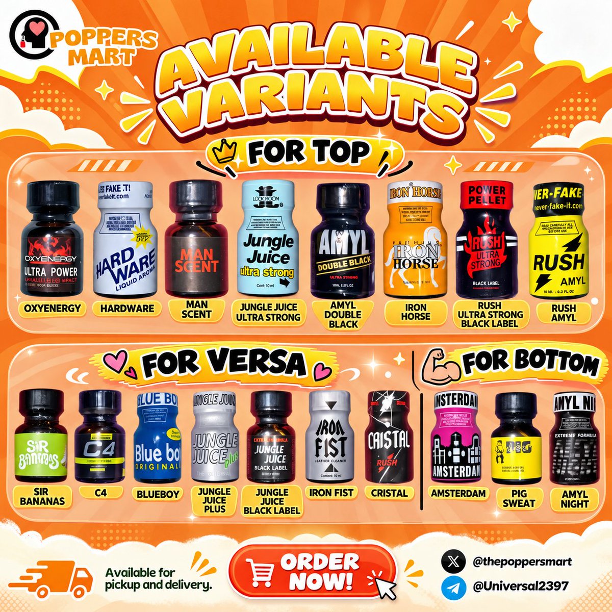 thepoppersmart's tweet photo. On hand variants as of 10/07/2026

Grab your favorite poppers now! 💦

Available for pickup and delivery
Order via DM! 📥 
TG: Universal2397 
#CDO #CDOAlter #altercdo #cdobagets #popperscdo #poppers #poppersfun #popperbates #Poppersphilippines https://t.co/rxgndNElCp