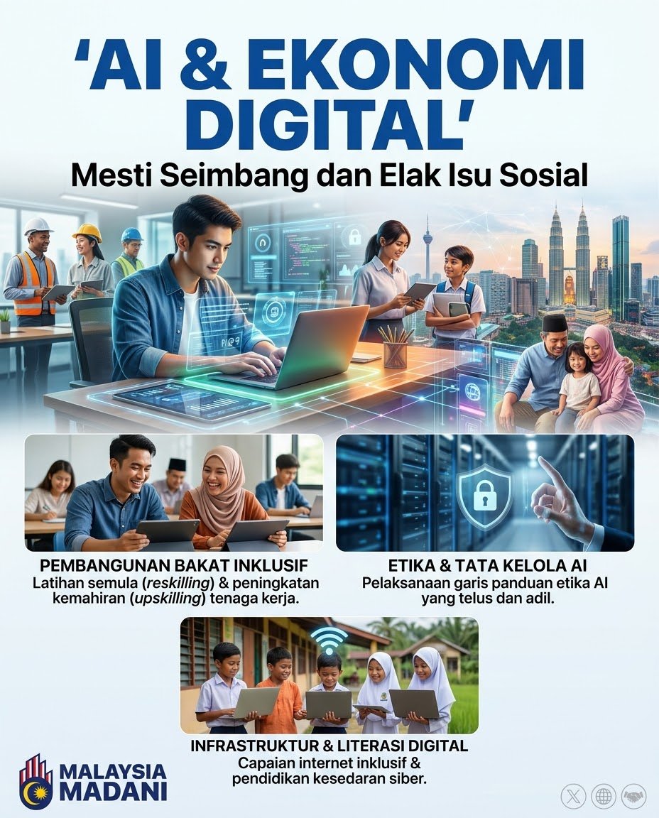 SAkhlakenjr's tweet photo. AI bukan sekadar teknologi, ia memberi kesan kepada masyarakat. Poster ni bincang kepentingan imbangan ekonomi digital: Latihan semula kemahiran, etika AI & literasi siber untuk semua.
#MalaysiaMADANI #AI #KPT #MCMC #EkonomiDigital #Inovasi #MyDigital https://t.co/Xc5H3LGtfA