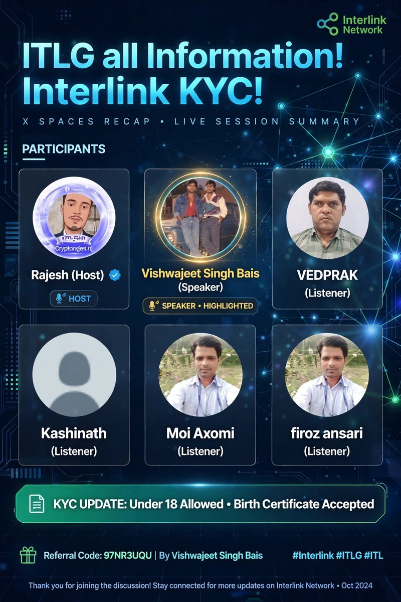 Vishwajeet96770's tweet photo. ITLG all Information! Interlink KYC! X Spaces Recap β
Host: Rajesh | Speaker: Vishwajeet Singh Bais
KYC UPDATE: Under 18 Allowed β’ Birth Certificate Accepted π
Ref Code: 97NR3UQU | By Vishwajeet Singh Bais
#Interlink #ITLG #ITL #InterlinkKYC https://t.co/WW29AVsYkG