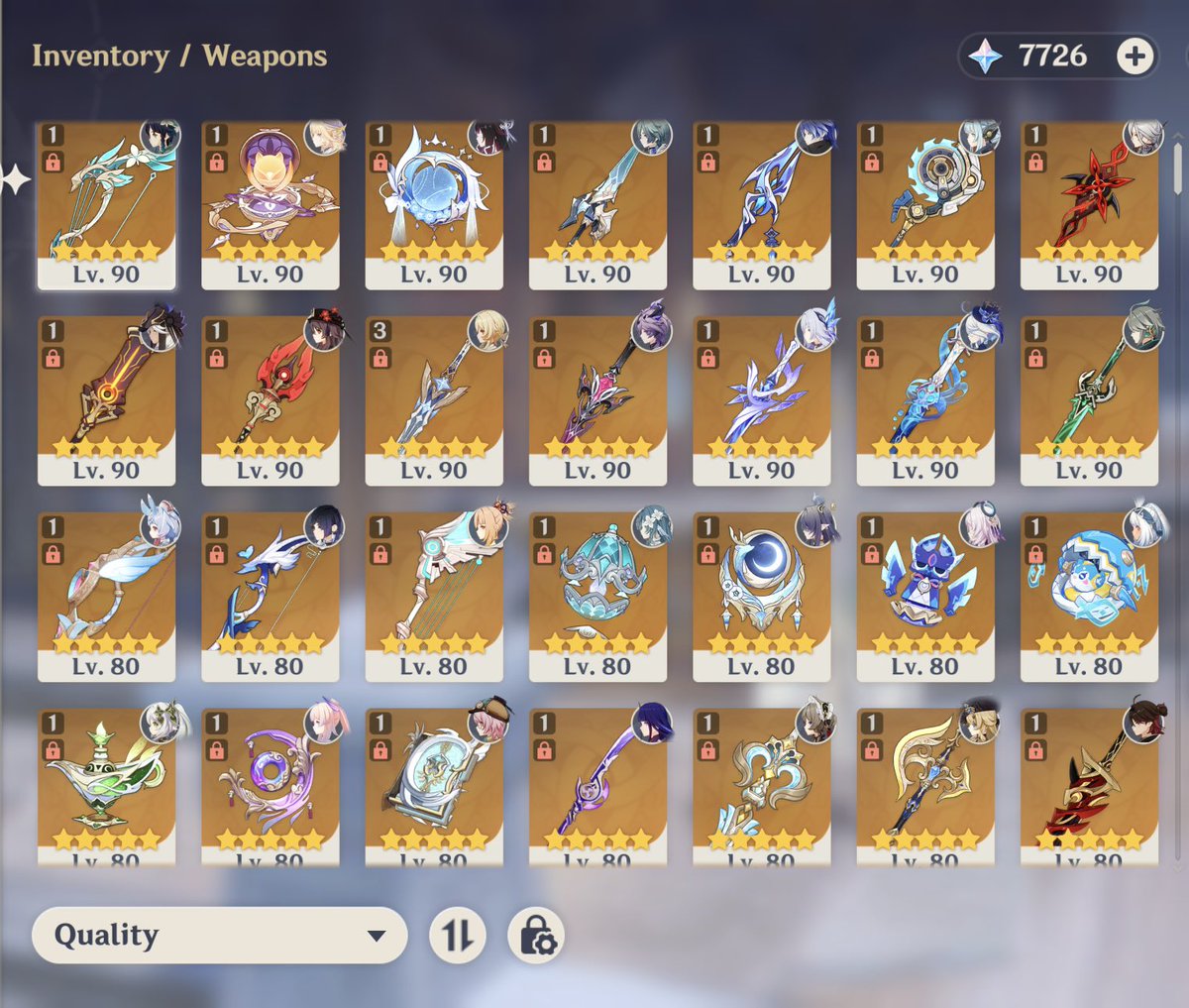 pocchakyo's tweet photo. @VioletsRosehehe my collection…. honestly i have alerts been fairly lucky with the weapon banner https://t.co/lvT1zZEP7b