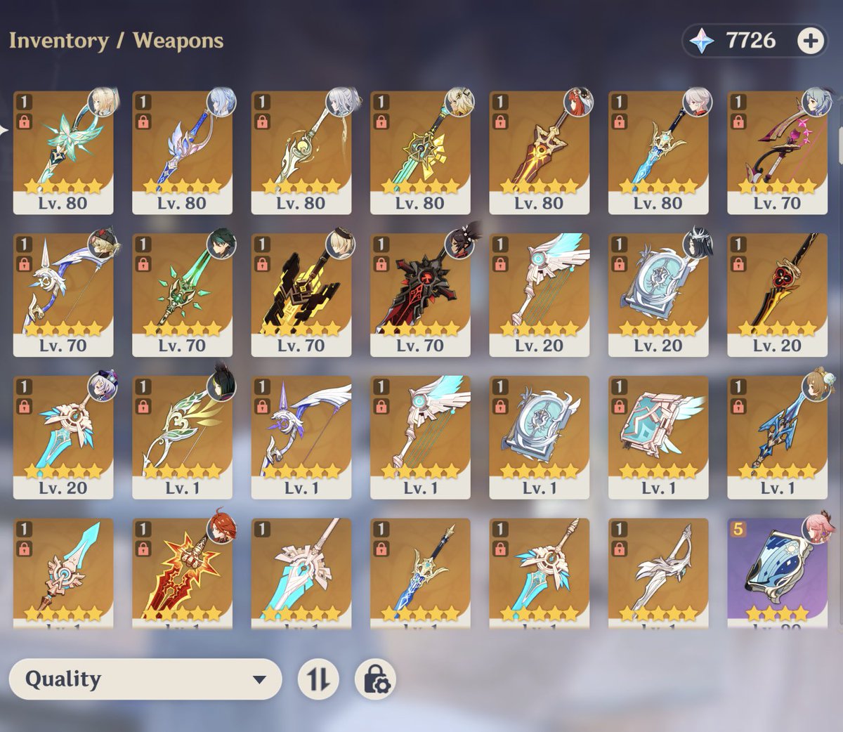 pocchakyo's tweet photo. @VioletsRosehehe my collection…. honestly i have alerts been fairly lucky with the weapon banner https://t.co/lvT1zZEP7b