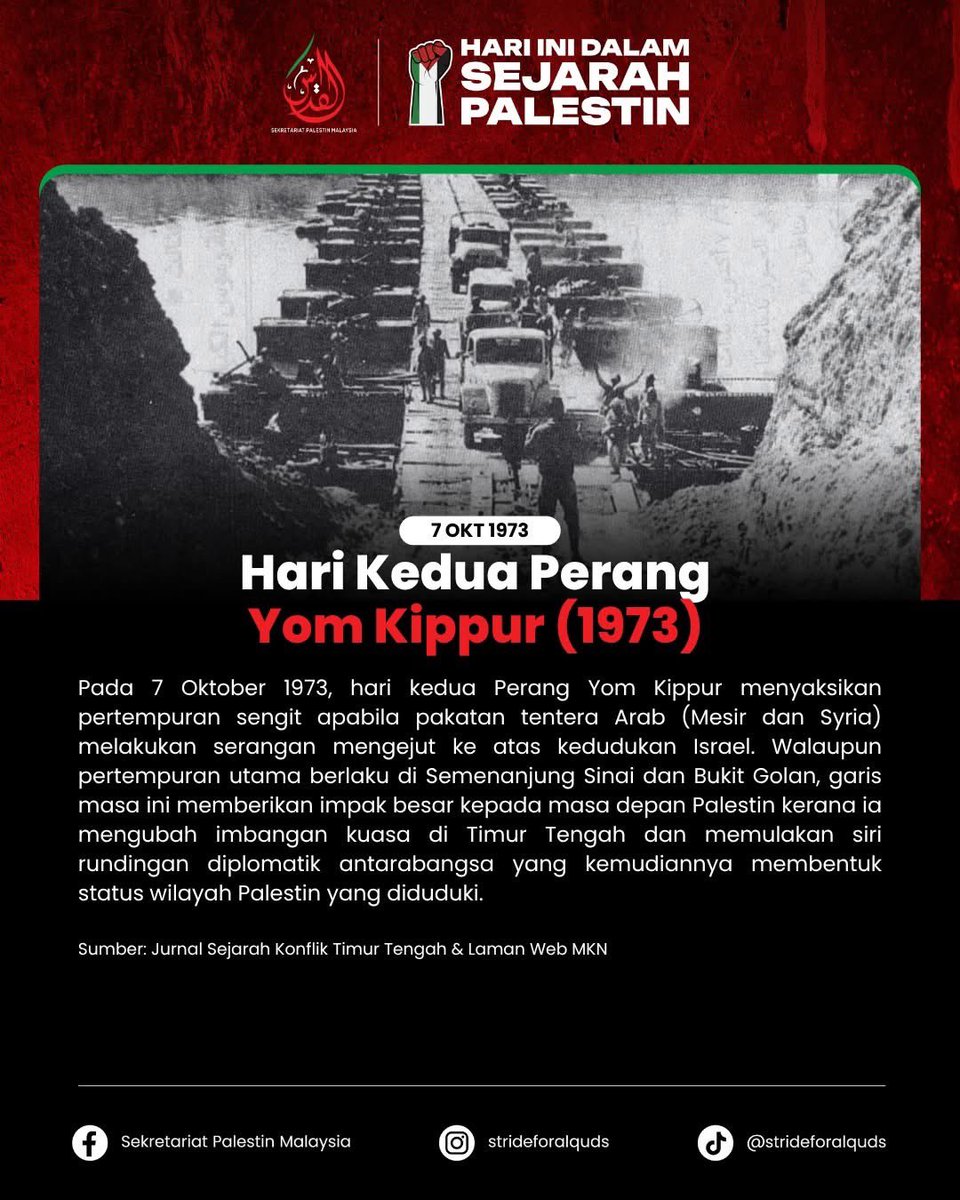Stride4Alquds's tweet photo. 📅 7 OKT – HARI INI DALAM SEJARAH PALESTIN

🪖 7 Okt 1973 — Hari Kedua Perang Yom Kippur

🚀 7 Okt 2023 — Pelancaran Operasi Taufan Al-Aqsa

💥 7 Okt 2023 — Letusan Perang Gaza Kontemporari 

#FreePalestine #SejarahPalestin #StandWithPalestine #PalestineHistory #StrideforAlQuds https://t.co/OYQtU3DYBl
