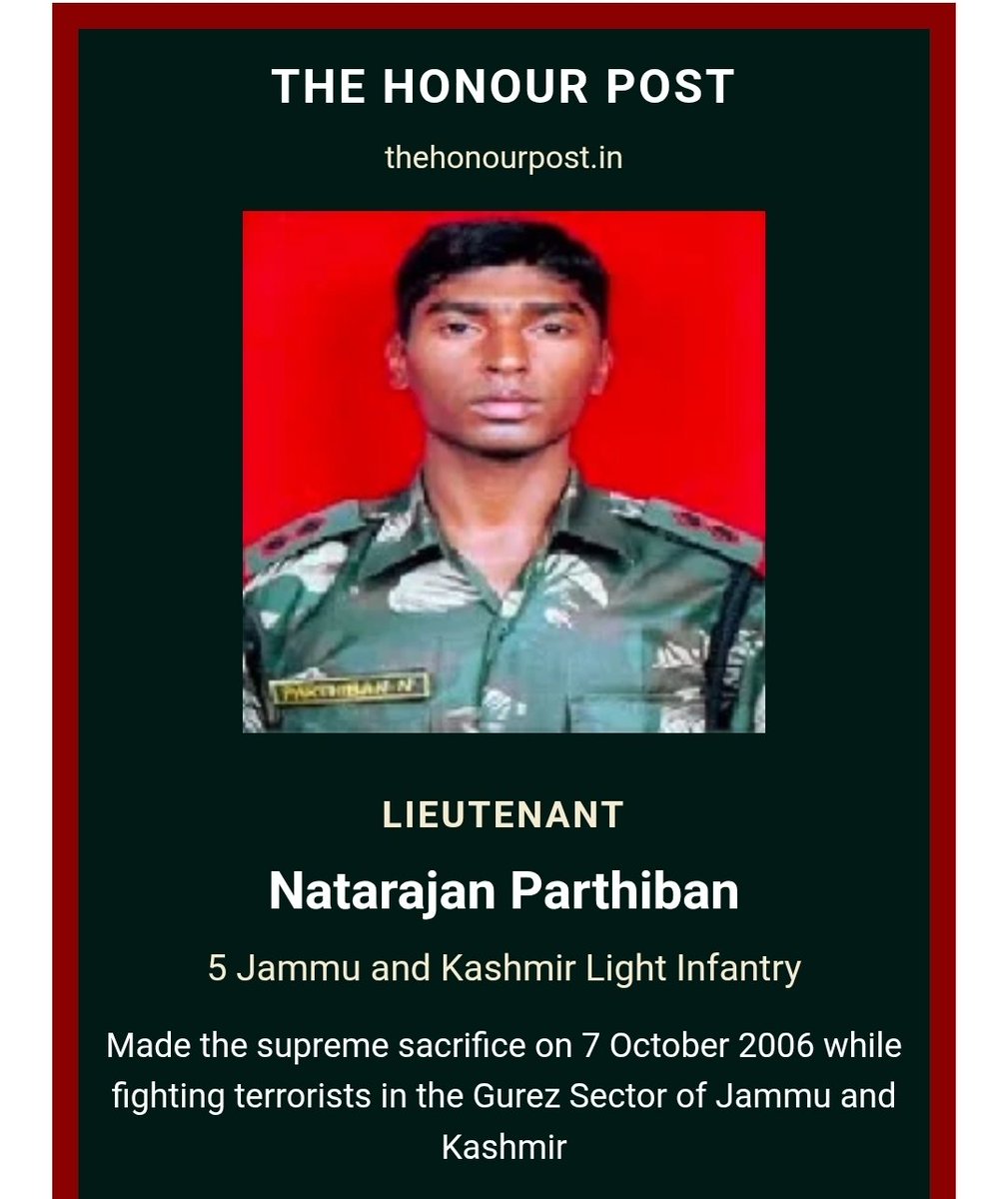 Thehonourpost's tweet photo. #knowyourheroes

The Braveheart of 5 Jammu and Kashmir Light Infantry

#Thisday
In 2006
Lieutenant Natarajan Parthiban made the supreme sacrifice in the line of duty on 7 October 2006 at Gurez Sector, Jammu and Kashmir.

#TheHonourPost

https://t.co/0vm3fQ5K0k https://t.co/sYcH4JFxtI