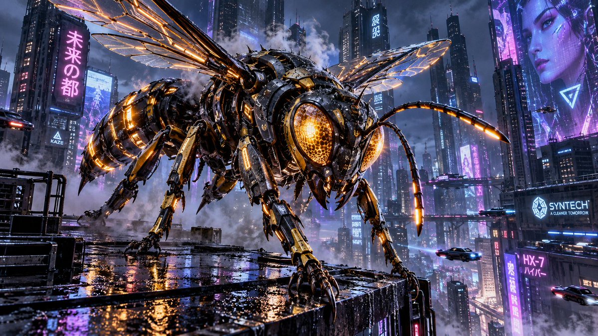 Splinter737's tweet photo. Lightning crackles across the skyline as the Cyberhornet descends, a biomechanical predator forged from carbon fiber and neon fire. Its wings hum with electric fury above the rain‑slick city, a sentinel of synthetic evolution. ⚡🐝
#Cyberpunk #SciFiArt #EpicScene #Cyberhornet https://t.co/oWkysJxBSe