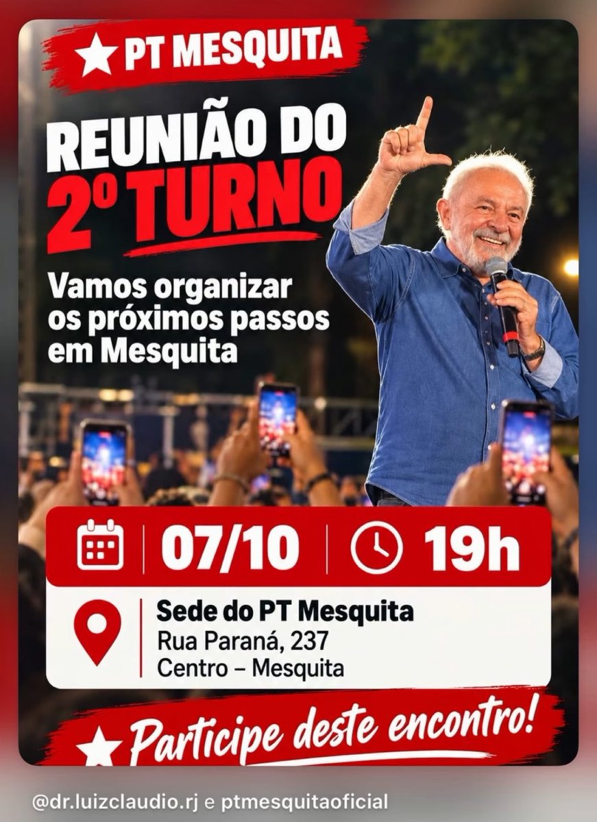MudaBXD's tweet photo. MOBILIZAÇÃO PT MESQUITA 07/10 às 19H https://t.co/sq9nnE0Z6X