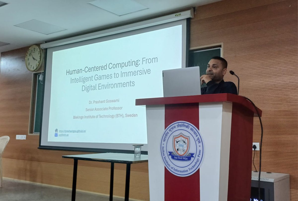IIIT_Pune's tweet photo. @IIIT_Pune hosted Dr. Prashant Goswami, Blekinge Institute of Technology (#BTH), Sweden for a talk on:
"Human-Centered Computing: From Intelligent Games to Immersive Digital Environments"

AI + XR + Games + Computer Graphics - where humans meet technology!

#SDG4 #SDG9 #SDG17 https://t.co/3dFIROhLAK