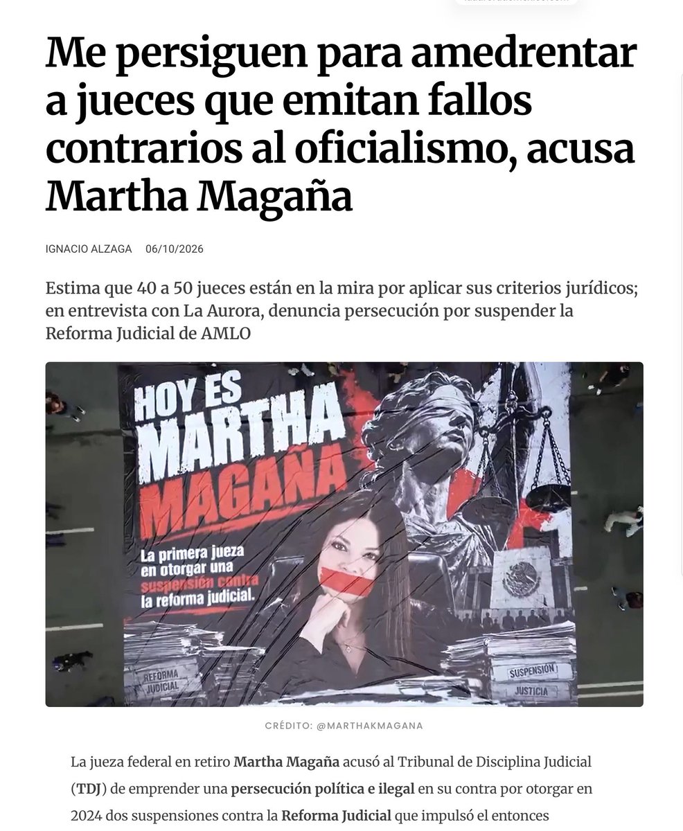 JoseMarioMX's tweet photo. A la jueza @marthakmagana la están sometiendo a procedimientos disciplinarios por haber frenado temporalmente la Reforma Judicial en 2024. Su decisión podía estar equivocada. Para eso existen tribunales superiores: revisan la sentencia y, si está mal, la corrigen. Pero aquí ocurrió algo distinto: después vinieron amenazas de juicio político, investigación penal y ahora posibles sanciones disciplinarias.

Hay un dato decisivo. Cuando Magaña resolvió, la ley decía que un juez no podía ser castigado simplemente por interpretar mal el Derecho: había que demostrar corrupción o mala fe. Es decir, equivocarse no era lo mismo que delinquir o torcer deliberadamente una sentencia. Si ahora se castiga a un juez sólo porque su decisión incomodó al poder, la regla cambia por completo.

Y el mensaje no termina en Martha Magaña. Lo reciben todos los jueces: “si resuelves contra el gobierno, esto puede pasarte”. Cuando el juez empieza a temerle al poder, deja de ser un contrapeso. Y cuando el poder consigue que quien debe frenarlo tenga miedo de hacerlo, el ciudadano ya no tiene un juez frente al Estado: tiene al Estado prácticamente solo.

https://t.co/ABRDqYOVpX