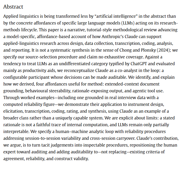 RMALJournal's tweet photo. New article: 
Alrabai, F. (2026). The co-analyst in the loop: Claude’s affordances for applied linguistics research methods. Research Methods in Applied Linguistics, 5(3), 100382: https://t.co/VOscpmOUpg https://t.co/buaJDgOW9o
