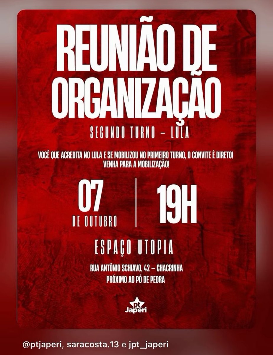 MudaBXD's tweet photo. MOBILIZAÇÃO PT JAPERI DIA 07/10 às 19H https://t.co/7g5uYbggQY