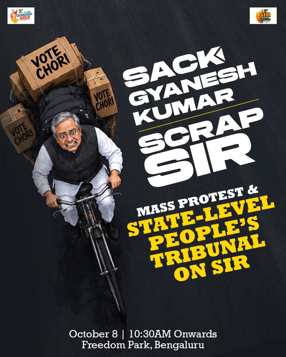 prakashraaj's tweet photo. People’s Tribunal by Cockroaches..Dipke.Ashuthosh.. Sourav and all the youth organisations and the civil society.. The victims of SIR from across the state will be present . requesting all the citizens to participate in this fight to save our Democracy.. come join us tomorrow 8 th October at Freedom Park .. Bengaluru #ScrapSIR #ResignGyaneshKumar #justasking