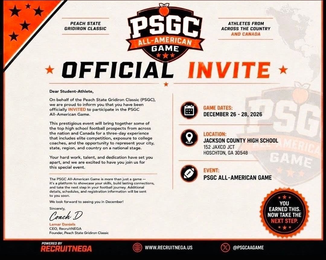 FinlayN77's tweet photo. Blessed and grateful to receive an official invite to the 2026 Peach State Gridiron Classic All-American Game! 🏈🍑

Thank you to Coach Daniels and @RecruitNEGA for this opportunity. Excited to compete against some of the best and represent Southern Prep Academy! 🙏🏽

@BigSkippin_75 @himiam68 @CoachPhyllip73 @des_bowles @Coachsdub @KenWhitehead404 @KuntryKane205 @77MMorais @CoachDaniels06 @PSGCAAGame

#AGTG #AllAmerican #Recruit2027 #OL #DL @Coach_J_R @SPAAthletics @CoachPeebles6