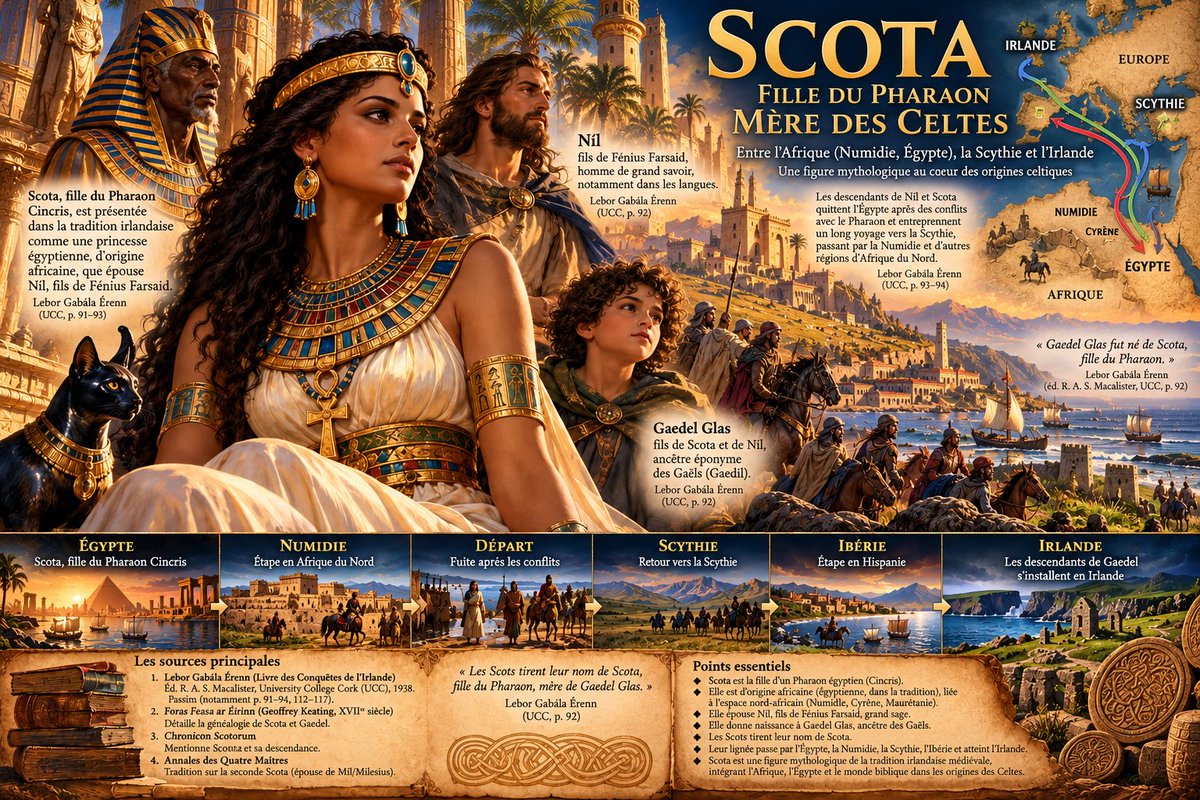 KabylieOneK1's tweet photo. Scota, fille du Roi d'Egypte dans la tradition irlandaise médiévale, épouse Níl et devient la mère de Gaedel Glas, ancêtre mythique des Gaëls. Le Lebor Gabála Érenn évoque l’Égypte et la Numidie dans son univers géographique. #Gaels #Celtes #Numidie #Afrique #Égypte #Irlande https://t.co/Wl2dQs8uF5