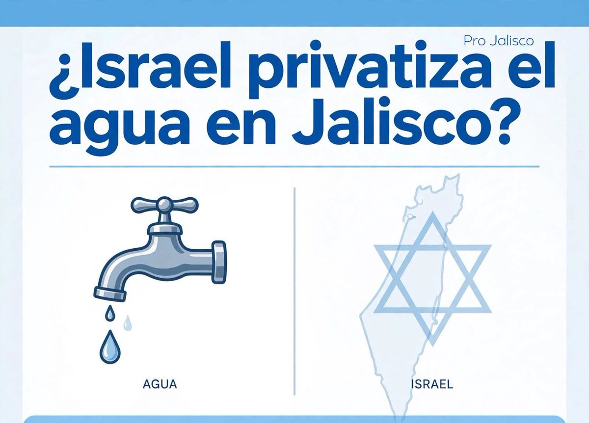 Saceci's tweet photo. 💧🇮🇱 ¿#ISRAEL VA A PRIVATIZAR EL AGUA EN JALISCO?

👉🏻 El comienzo: En 2016 Jalisco firmó un convenio con el Technion de Israel para cooperar en TECNOLOGÍA del agua (tratamiento, riego por goteo), no para entregar el SIAPA. A nivel federal, México firmó en 2013 con Mekorot, la empresa nacional de agua de Israel, para asesoría técnica.
¿Qué se busca en nuestro estado?: 
La firma de un contrato donde Jalisco entregue la operación del agua a empresas de Israel.
Por medio de una iniciativa para privatizar el SIAPA o la CEA, ligada directamente al gobierno Israelí.
Por medio de licitaciones a empresas  de origen israelí en Jalisco en 2026, es que se piensa entregar los contratos, con el argumento de la cooperación en tecnología y tratamiento de agua.