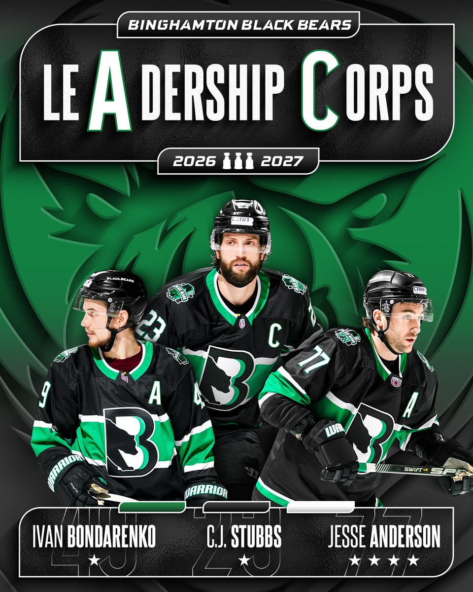 BlackBearsFPHL's tweet photo. We are proud to introduce our 2026-27 leadership corps! C.J. Stubbs will become the 3rd Captain in franchise history joined by veteran Assistant Captain Jesse Anderson along with Ivan Bondarenko
#YourCityYourTeam https://t.co/3sKoUIhp5y