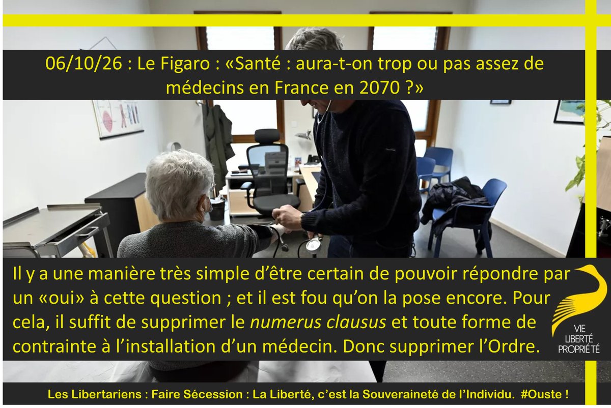 StephaneGeyres's tweet photo. Il y a une manière très simple d’être certain de pouvoir répondre par un «oui» à cette question ; et il est fou qu’on la pose encore. Pour cela, il suffit de supprimer le numerus clausus et toute forme de contrainte à l’installation d’un médecin. Donc supprimer l’Ordre.
#Ouste https://t.co/aqXHyjp2kU