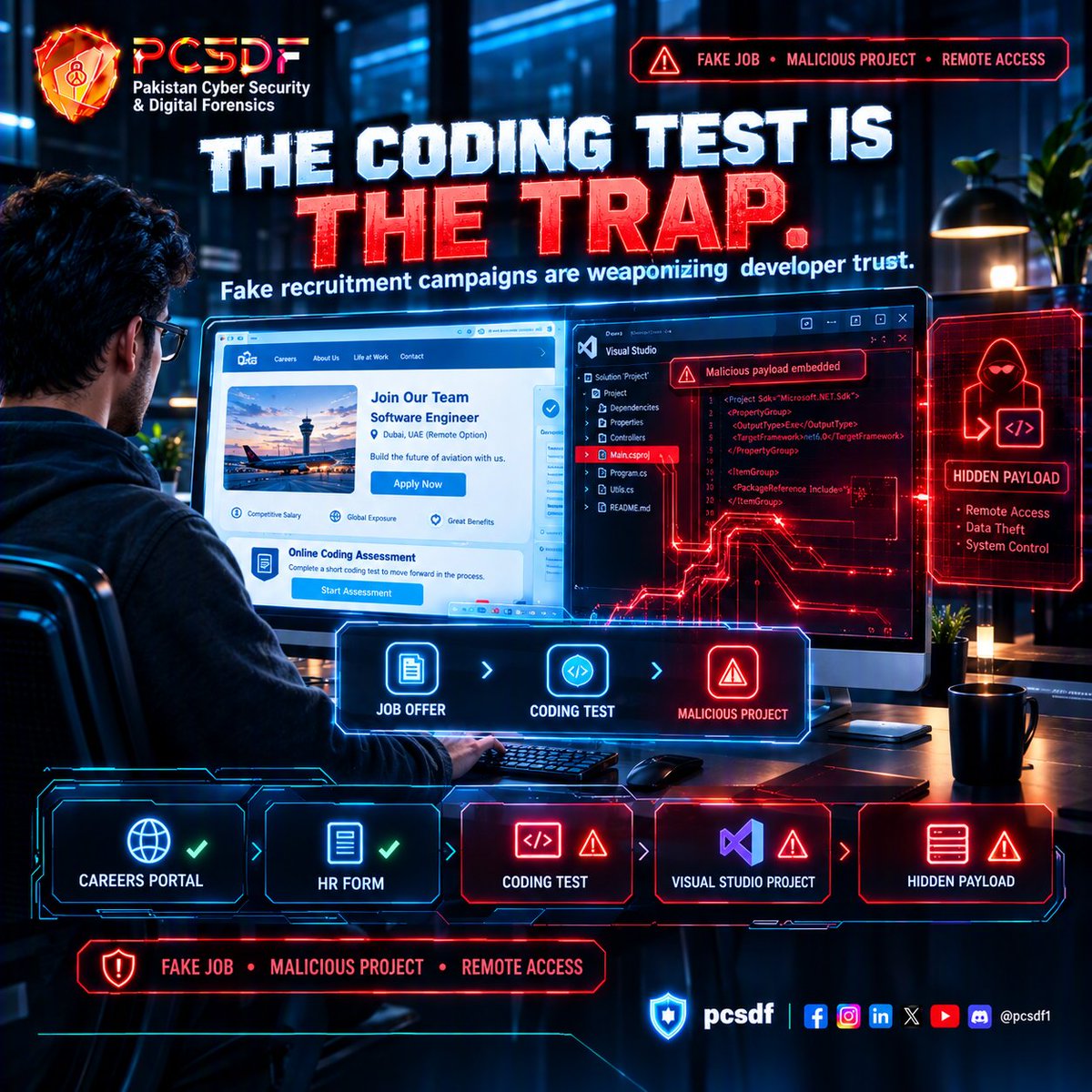pcsdf1's tweet photo. Fake Job Scam | Fake Coding Test | Dubai Airports Scam | Developer Security | Software Developer Security | Critical Infrastructure Security | Iran Linked Threat Actors | CL-STA-1178 | Visual Studio Security | Malicious Project File | CSProj Security | DLL Sideloading | AppDomain https://t.co/xQiWMxBG36