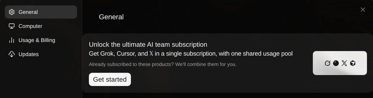 0ptimalSelf's tweet photo. The latest @bot desktop build has code for a new plan that combines @grok, @cursor_ai, and @X into one unified subscription.

One shared usage pool across all products.

I mocked the server response to see it will actually look like once launched. https://t.co/o7CPfrlgV4