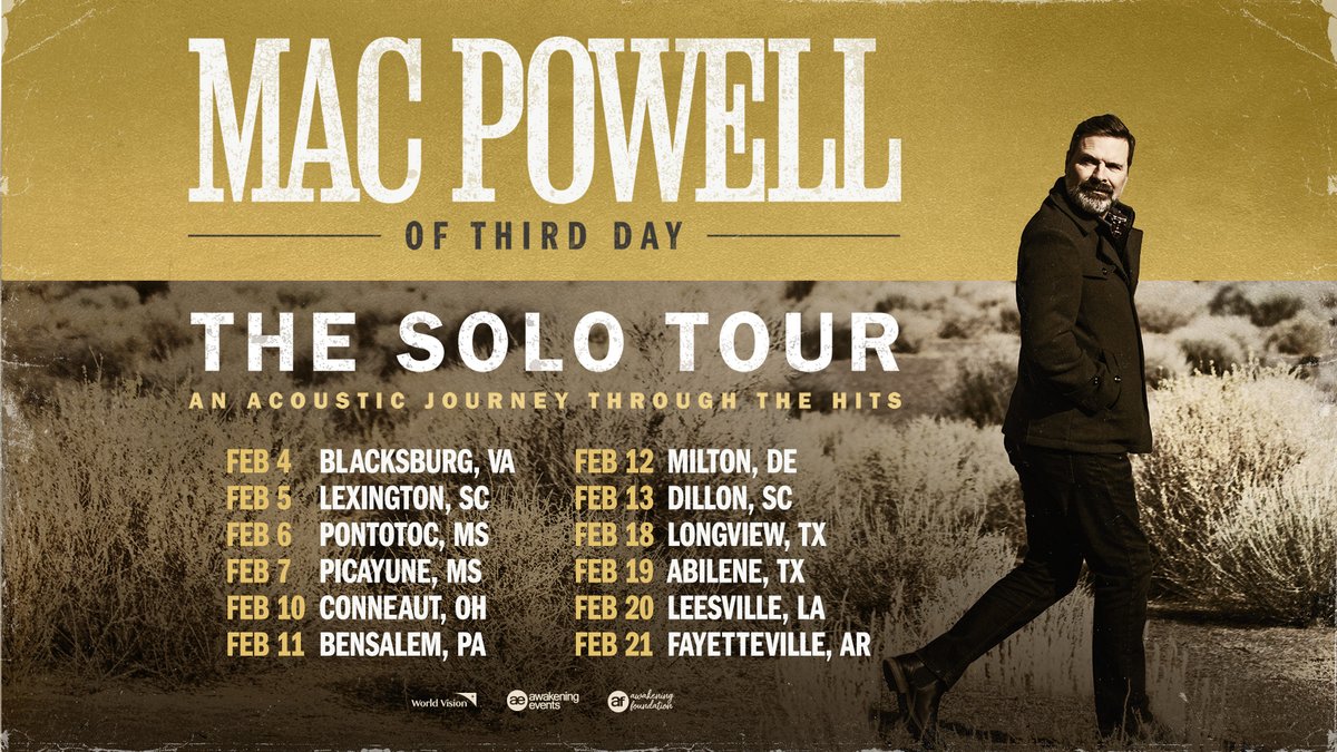 macpowell's tweet photo. Excited to announce The Solo Tour 2027! Each night is going to take you on an acoustic journey through all of the hits! Some Third Day songs, my songs, all of it. Pre-sale begins Friday, 10/9 at 12pm ET with code “MAC” https://t.co/QGkSgrN6IP https://t.co/0CvzcJ0YfU