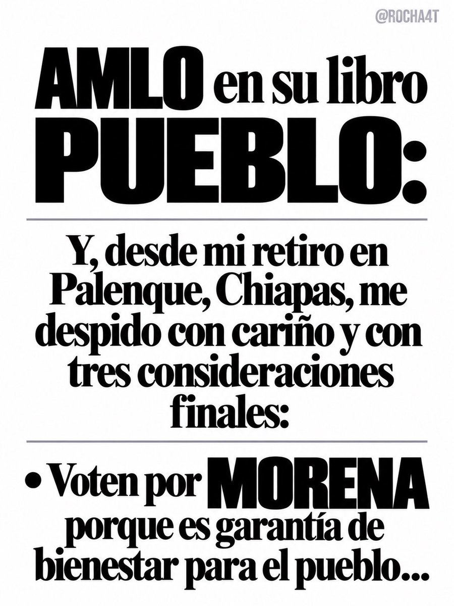 Rocha4T's tweet photo. El Jefe #AMLO dejó 3 instrucciones y se cumplirán 

¡Voto masivo por @PartidoMorenaMx en 2027! ♥️

#morena15años https://t.co/SjIUPeUA2Q