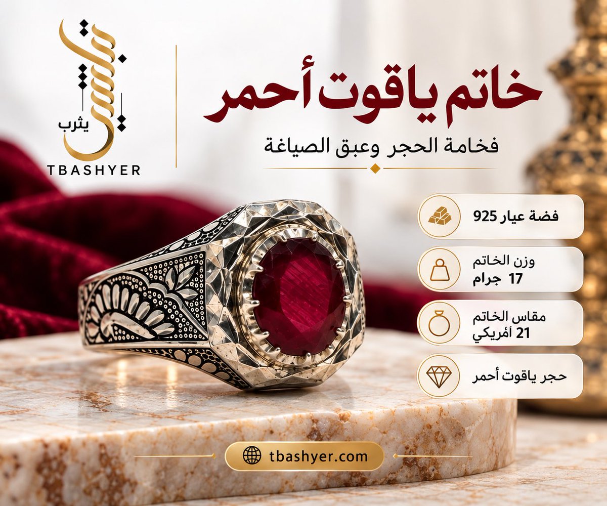 Tbashyer's tweet photo. خاتم ياقوت أحمر ❤️💍

فخامة الحجر وعبق الصياغة في قطعة تجمع بين حضور الياقوت الأحمر وتفاصيل النقش على الفضة.

▫️ فضة عيار 925
▫️ وزن الخاتم: 17 جرام
▫️ المقاس: 21 أمريكي
▫️ حجر: ياقوت أحمر

⚠️ تنبيه: لون الحجر وتفاصيله الطبيعية قد تختلف قليلًا حسب الإضاءة والشاشة، والصور تُظهر الخاتم كما هو دون تغيير في تفاصيله الأصلية.

♦️تنويه:
تم استخدام أدوات الذكاء الاصطناعي في إعداد وتنسيق التصميم الإعلاني فقط، ولا يُستخدم الذكاء الاصطناعي لتغيير مواصفات المنتج أو شكله أو تفاصيله الأصلية.
الصور الأصلية للمنتج هي المرجع المعتمد

🛒 متجر تباشير يثرب
https://t.co/hH8HzbeqY3

#تباشير_يثرب #TBASHYER #خاتم #ياقوت #ياقوت_أحمر #فضة #فضة925 #خواتم_رجالية #مجوهرات #أحجار_كريمة #المدينة_المنورة #السعوديه_العظمى