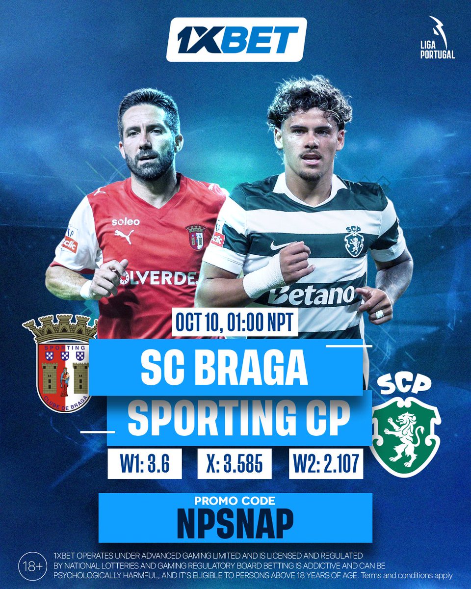 np_1xbet's tweet photo. π₯ SC Braga vs Sporting CP
π
Oct 10 | β° 01:00 NPT
Odds: 3.6 | 3.585 | 2.107
Use code NPSNAP on 1xBet π
Who wins? π
#BragaVsSporting #LigaPortugal #1xBet #NPSNAP https://t.co/oQeqWaOuWw