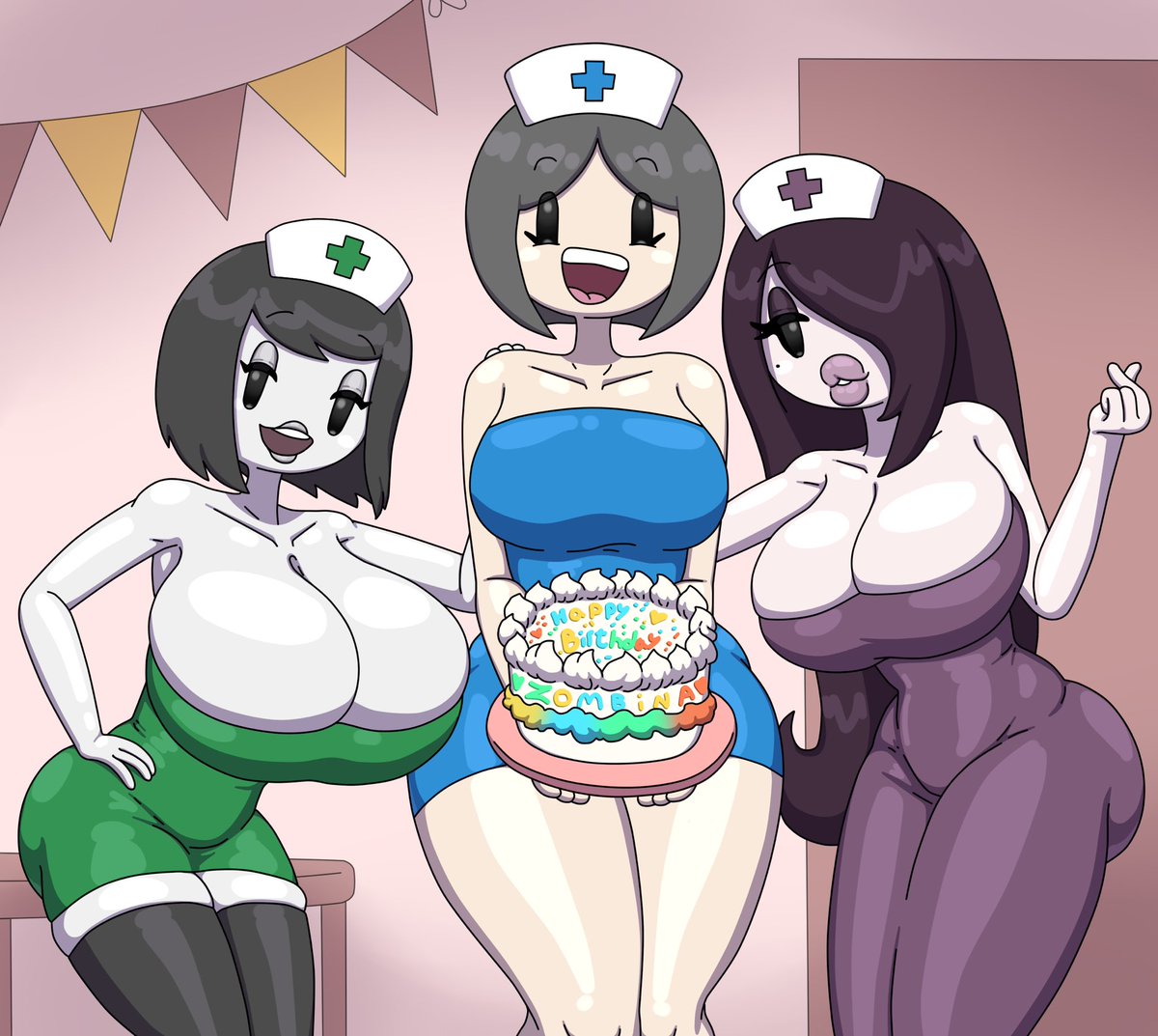 RealZombinaNeko's tweet photo. To end my Birthday my dear friend @AnthonymousYT has surprised me with some wholesome art of @DoctorLoops Veronica, Mona and Layla holding a cake wishing me a Happy Birthday 🎂 

Artist @RoxakuK https://t.co/DWIlcmlgyL