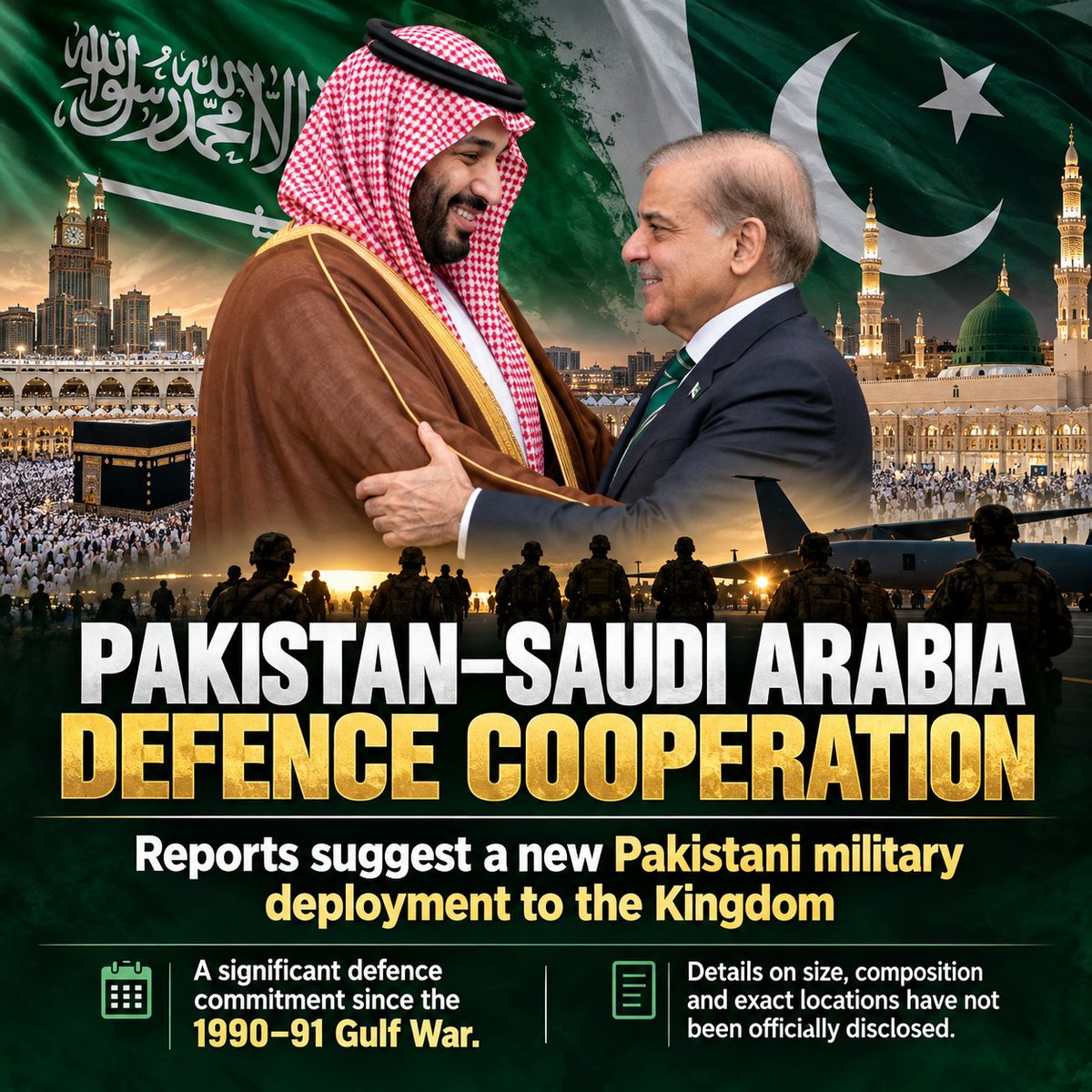 pakstratprism1's tweet photo. Pakistan–Saudi Defence Cooperation
Reports suggest Pakistan may deploy agreed military forces to Saudi Arabia, marking a significant defence commitment since the 1990–91 Gulf War. Details of troop strength and locations remain undisclosed.
#Pakistan #SaudiArabia #Defence https://t.co/WBQUw7Vj7T