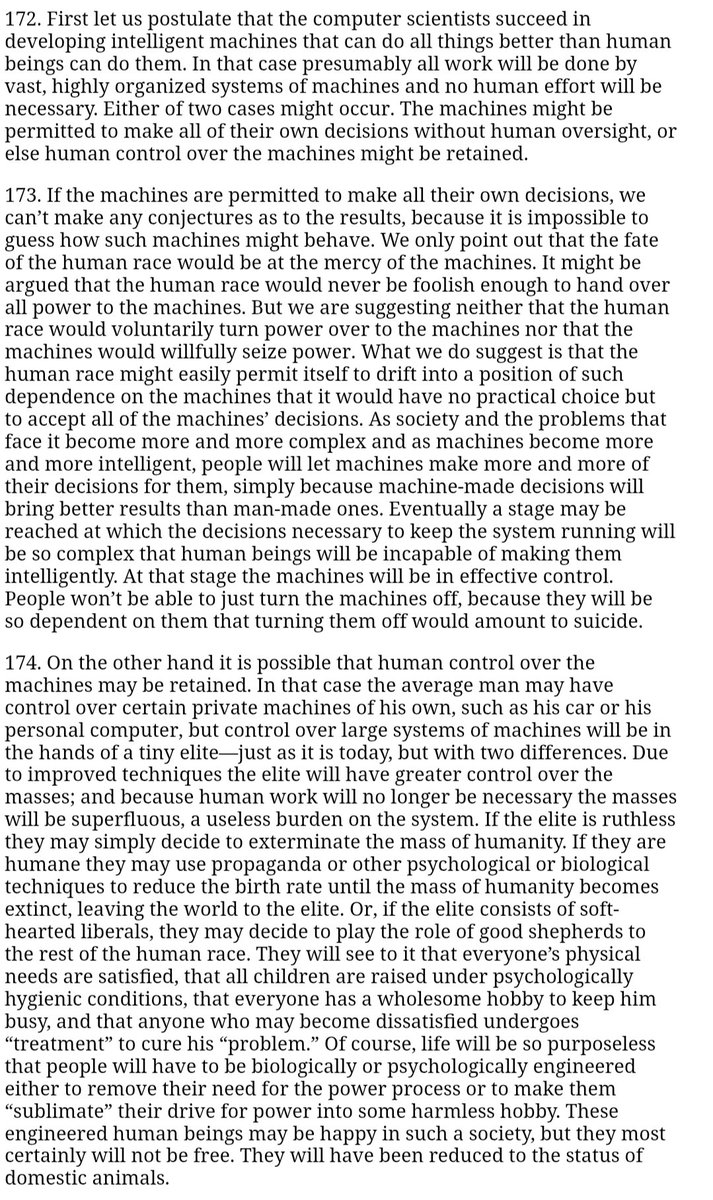 unixpickle's tweet photo. I did not know that the Unabomber manifesto goes into great depth about AGI. https://t.co/oatbYbvoO5