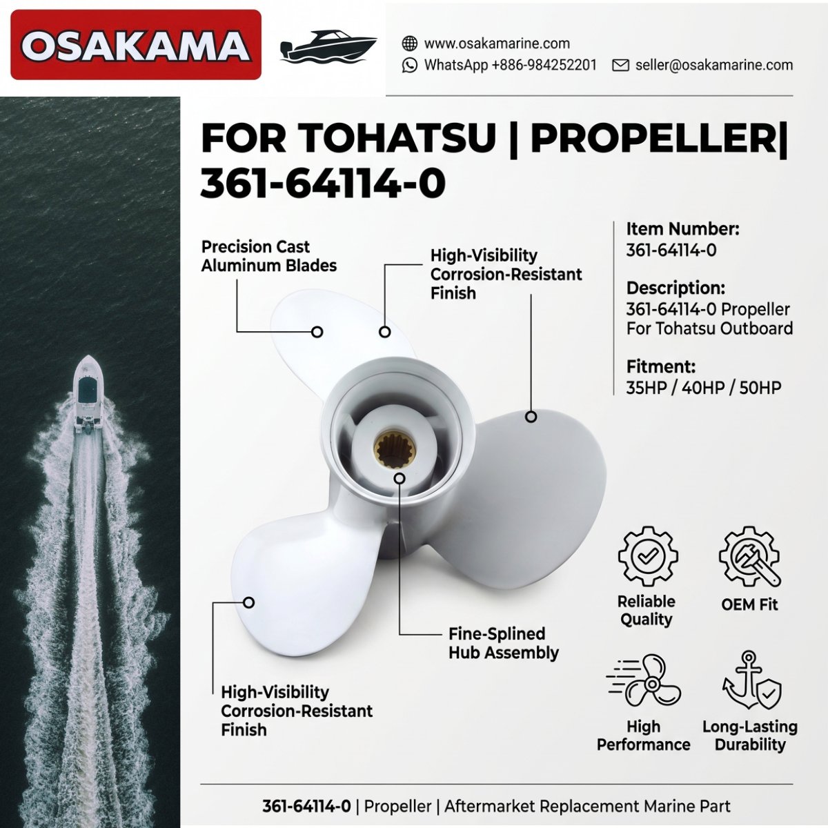 OsakaMarine's tweet photo. The 361-64114-0 Propeller is an aftermarket replacement suitable for selected Tohatsu outboard applications.
🔗https://t.co/mf5UgpqsBo
#Tohatsu #TohatsuOutboard #TohatsuParts #Propeller #OutboardPropeller #MarineParts #BoatParts #35HP #40HP #50HP https://t.co/YSIJryRGxO
