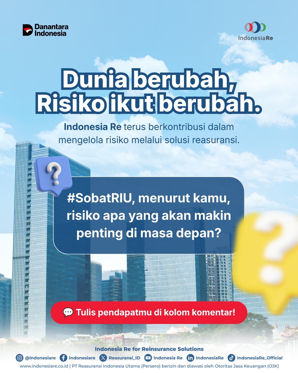 Reasuransi_ID's tweet photo. Karena itu, industri asuransi perlu terus beradaptasi agar mampu menghadapi berbagai risiko yang semakin kompleks.

#SobatRIU, menurut kamu risiko apa yang semakin penting di masa depan?

#IndonesiaRe
#IndonesiaReforReinsuranceSolutions
#Reasuransi
#Reinsurance
#SolusiReasuransi https://t.co/1KuvusGZui