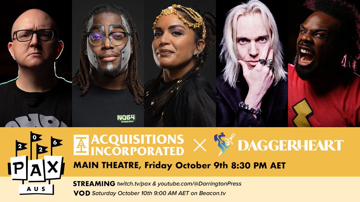 PA_Megacorp's tweet photo. It's TONIGHT! The thrilling continuation of Acquisitions Incorporated: Daggerheart! LIVE at the @PAXAus Main Theatre @ 8:30pm AET, Streaming on https://t.co/tonTMczyy4 &amp; https://t.co/LqrAWqGGnT, or streaming on https://t.co/OuZIEEbvG0 exclusively for 10 days starting 10/10! https://t.co/NMvRSWuYcF