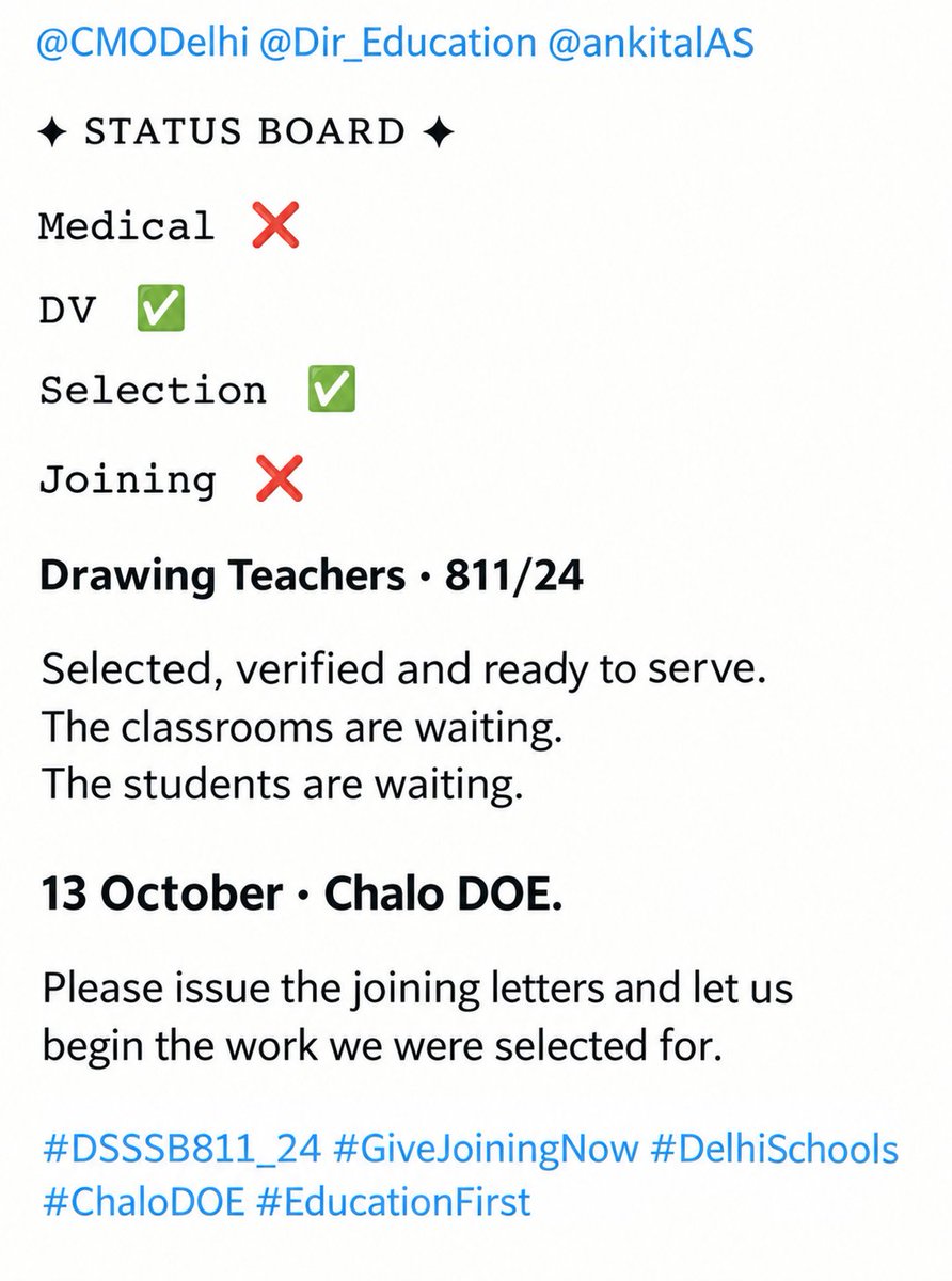 Gupt43164Aanshi's tweet photo. @CMODelhi @Dir_Education @ankitalAS
#DSSSB811_24 #GiveJoiningNow #DelhiSchools #ChaloDOE  #releasejoiningletter https://t.co/2vQNbGJdna