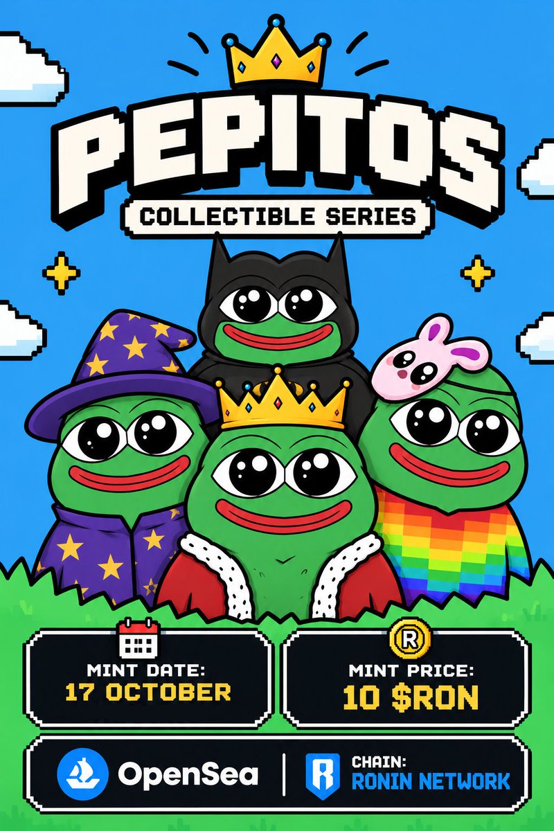 PEPITOSMAXIMUS's tweet photo. $PEPITOS: pepitos NFTs coming soon! The first 100 wallets to comment receive a GTD spot. Comment your wallet below and get yours!

Mint Date: October 17
MintPrice: 10 ronin:native 
OPEN SEA [Chain Ronin Network]
Artist: @NinjaRoninN 

Let's grow fam @Ronin_Network https://t.co/0RONkE6x37