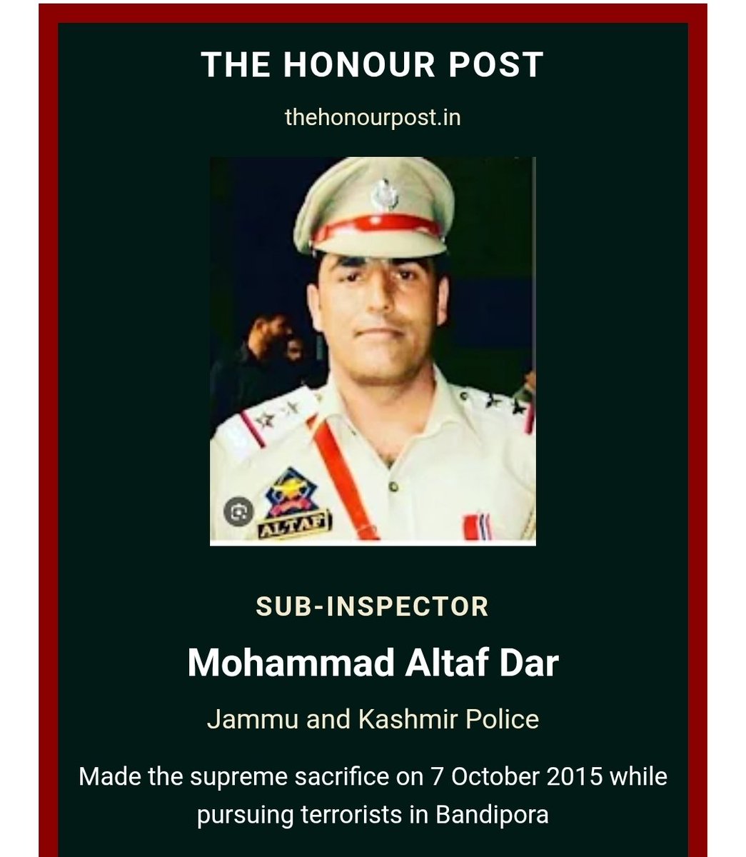 Thehonourpost's tweet photo. #knowyourheroes
The Braveheart of @JmuKmrPolice
#Thisday
In 2015
Sub-Inspector Mohammad Altaf Dar made the supreme sacrifice in the line of duty on 7 October 2015 at Bandipora, Jammu and Kashmir.
#TheHonourPost

https://t.co/ZtaSrJBDQT https://t.co/El5JsESpRw