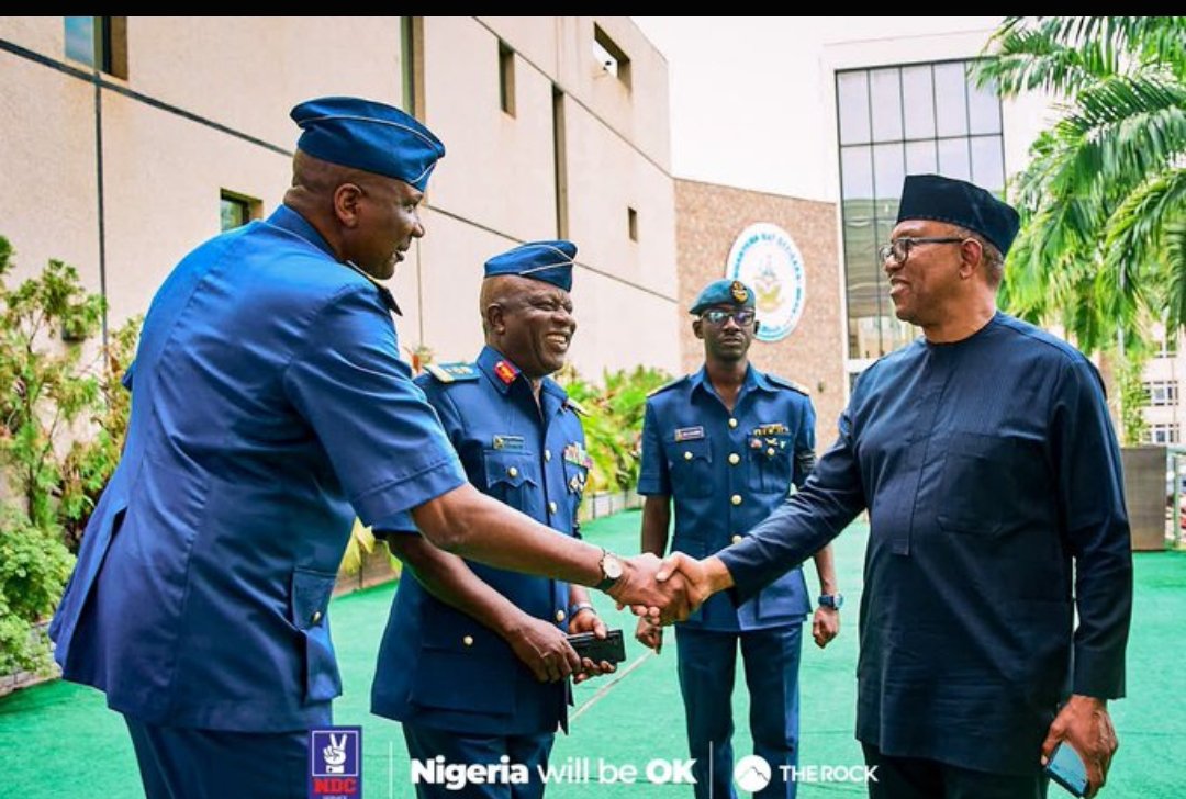 Omatune's tweet photo. Peter Obi visiting the Nigerian Air Force on what befell thnem, while Tinubu is hiding in France.

I just hope these men on this picture, will not be sacked out of envy and usual vendetta, from APC https://t.co/40zcBZnnHU