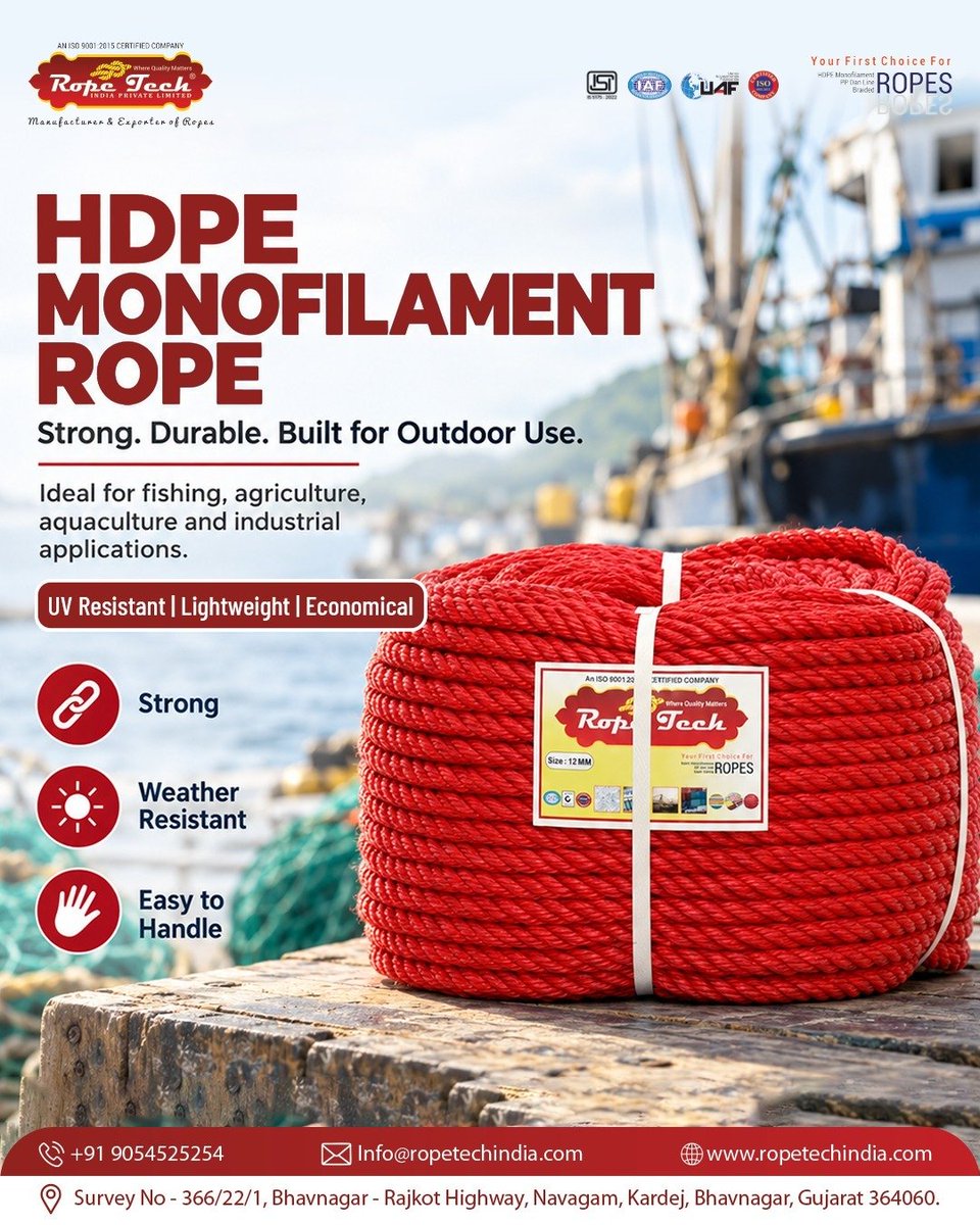ropetechindia's tweet photo. Strong. Durable. Reliable. โ Built for Performance.
At Rope Tech India Private Limited, we manufacture and export premium-quality HDPE Monofilament Ropes, engineered for strength, durability.
Where Quality Matters.
#RopeTechIndia #HDPERope #RopeManufacturer #RopeExporter https://t.co/mnkFMIe8sy