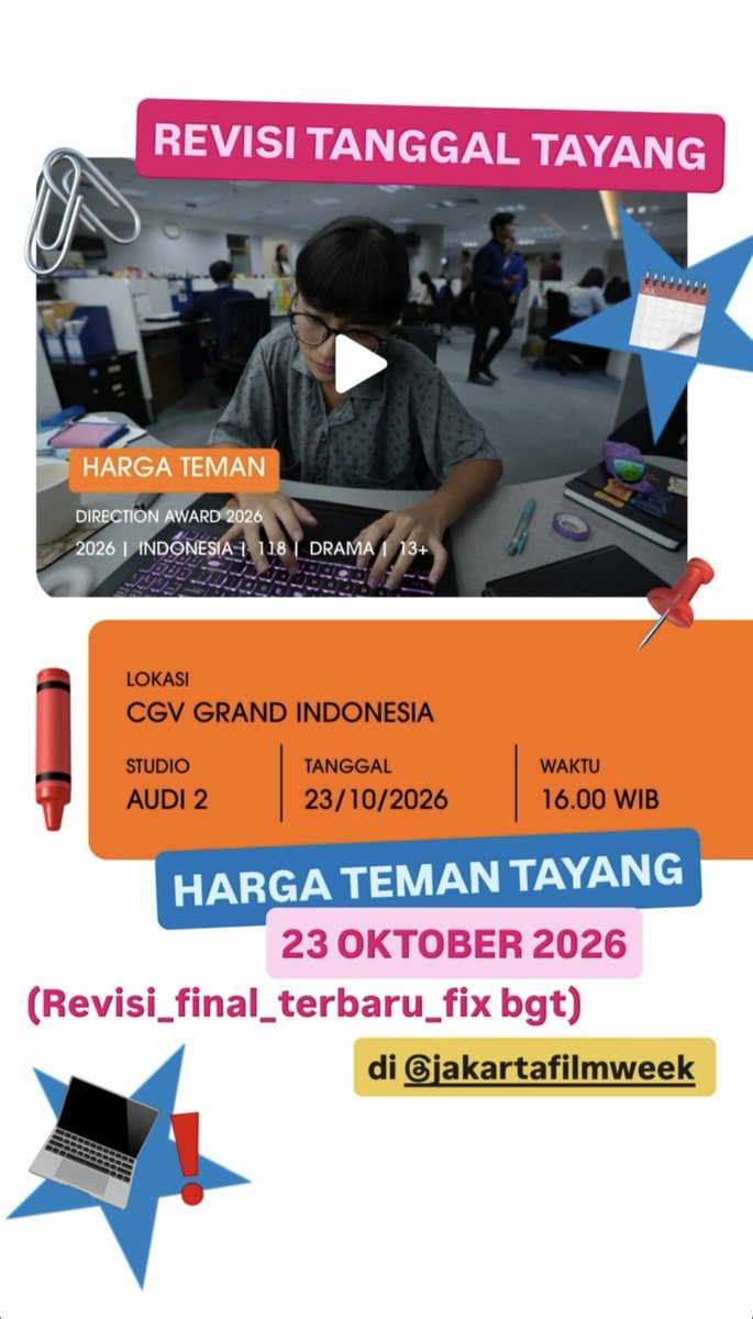 thisiskieshaa's tweet photo. REVISI TANGGAL TAYANG HARGA TEMAN DI JFW‼️

23 OKTOBER 2026

Let's go gais, ga bentrok event!! https://t.co/z7Ke3qPGyb